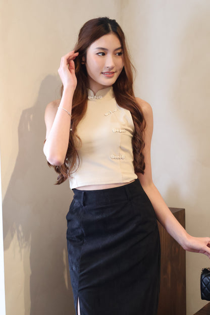 *CNY* Jìng Corduroy Classic Slit Skirt In Black