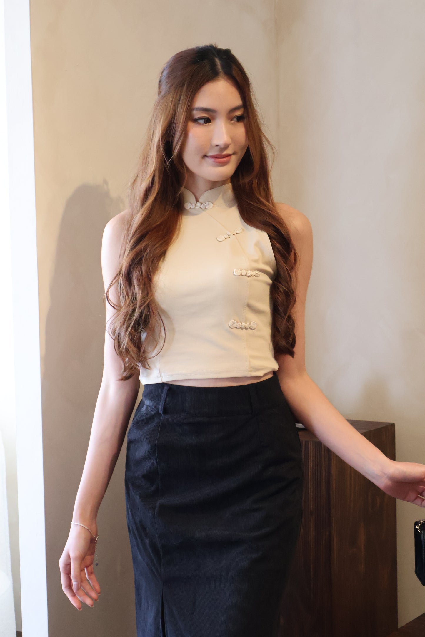 *CNY* Jìng Corduroy Classic Slit Skirt In Black