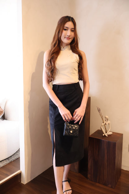 *CNY* Jìng Corduroy Classic Slit Skirt In Black