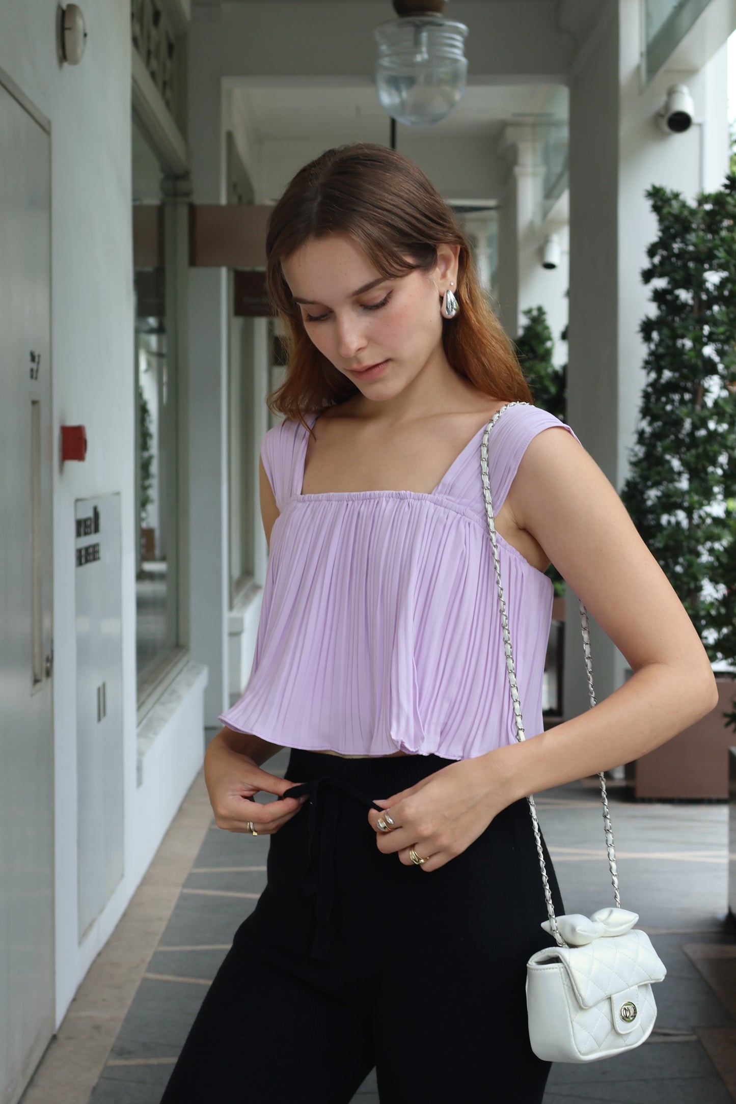 Melia Pleated Flowy Strap Top in Lavender