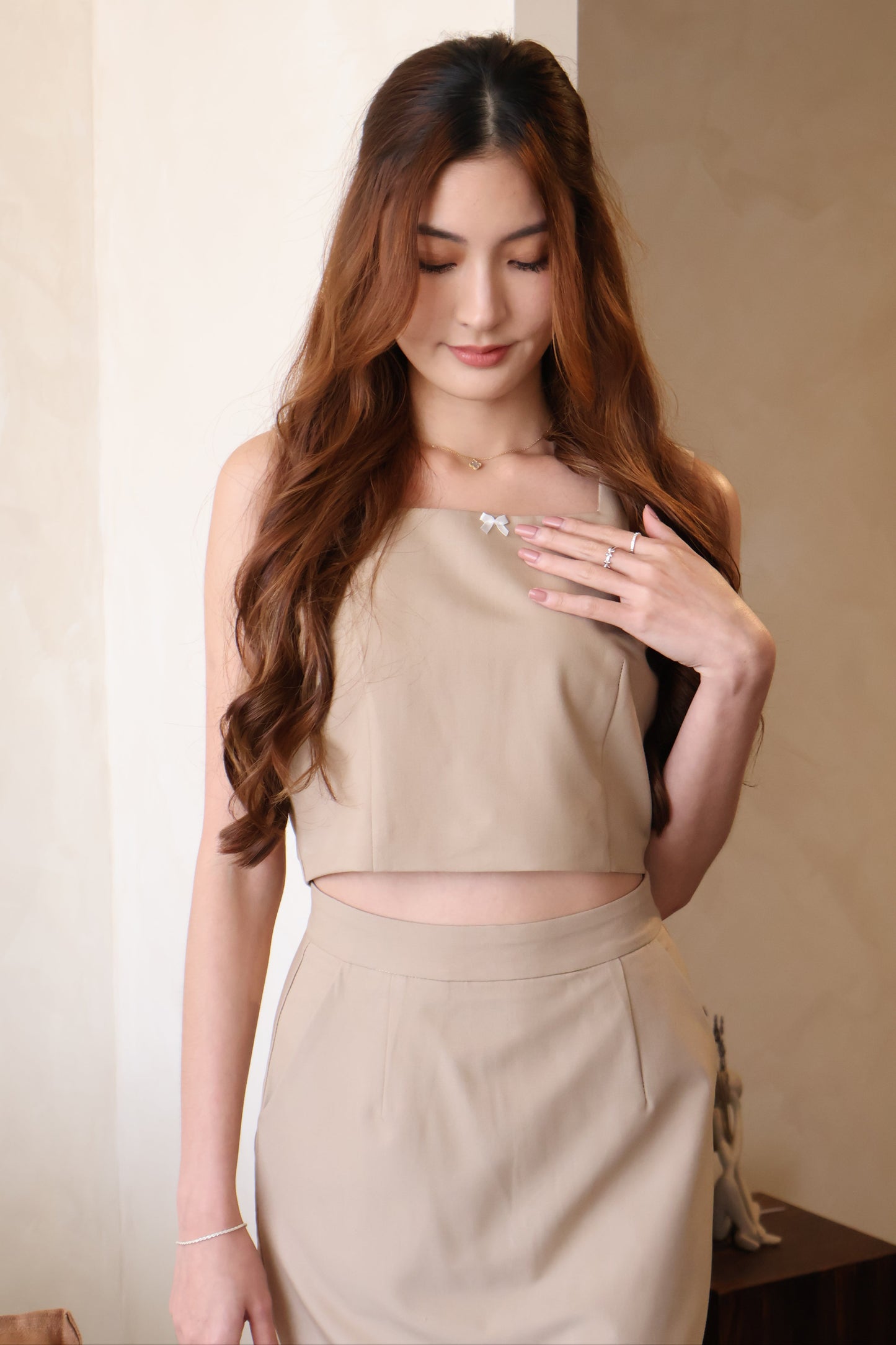 Fanny Square Neck Top & Skirt Co-Ords Set In Khaki