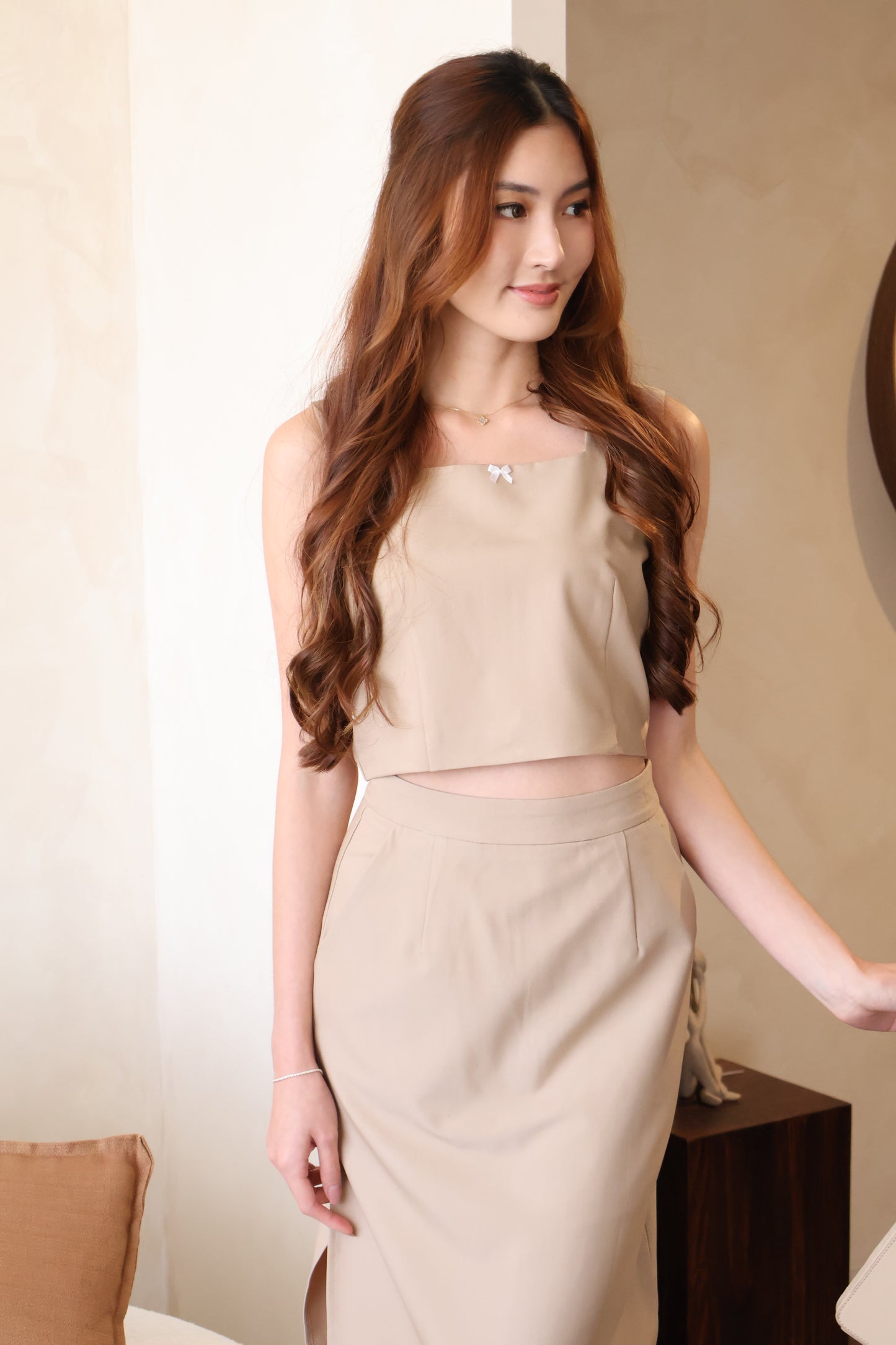 Fanny Square Neck Top & Skirt Co-Ords Set In Khaki