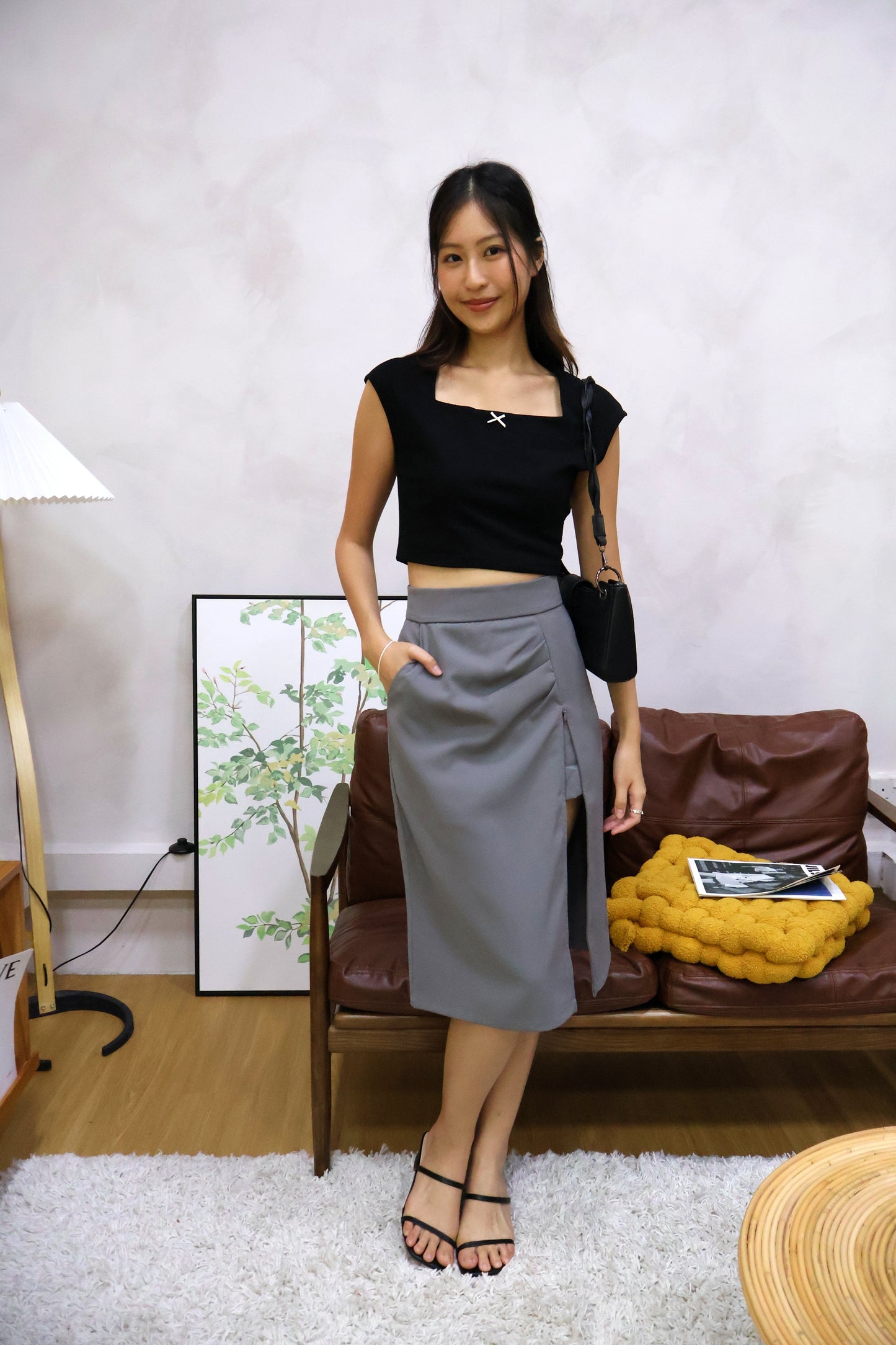 Flyne Ribbon Square Neck Top In Black