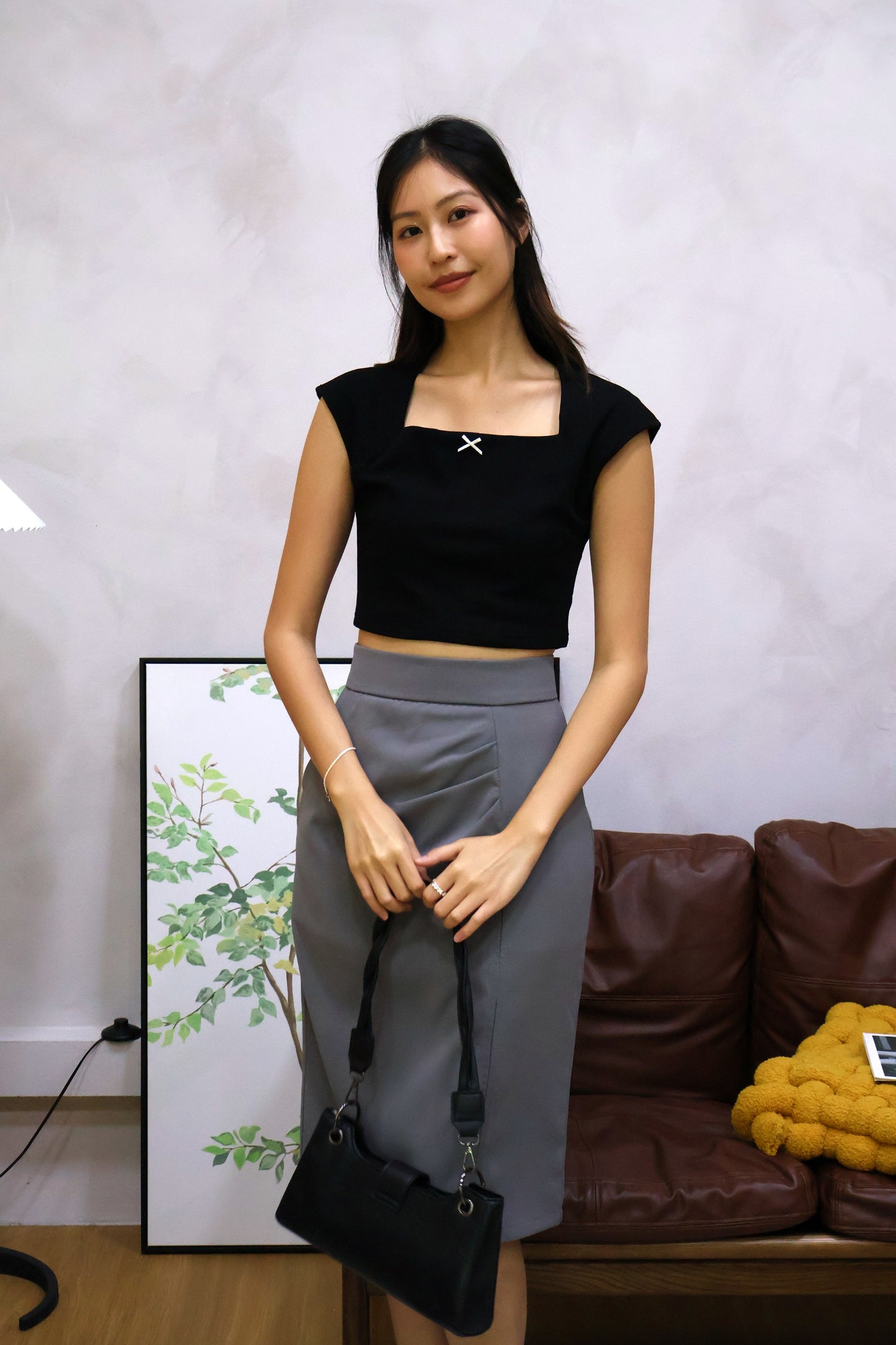 Flyne Ribbon Square Neck Top In Black