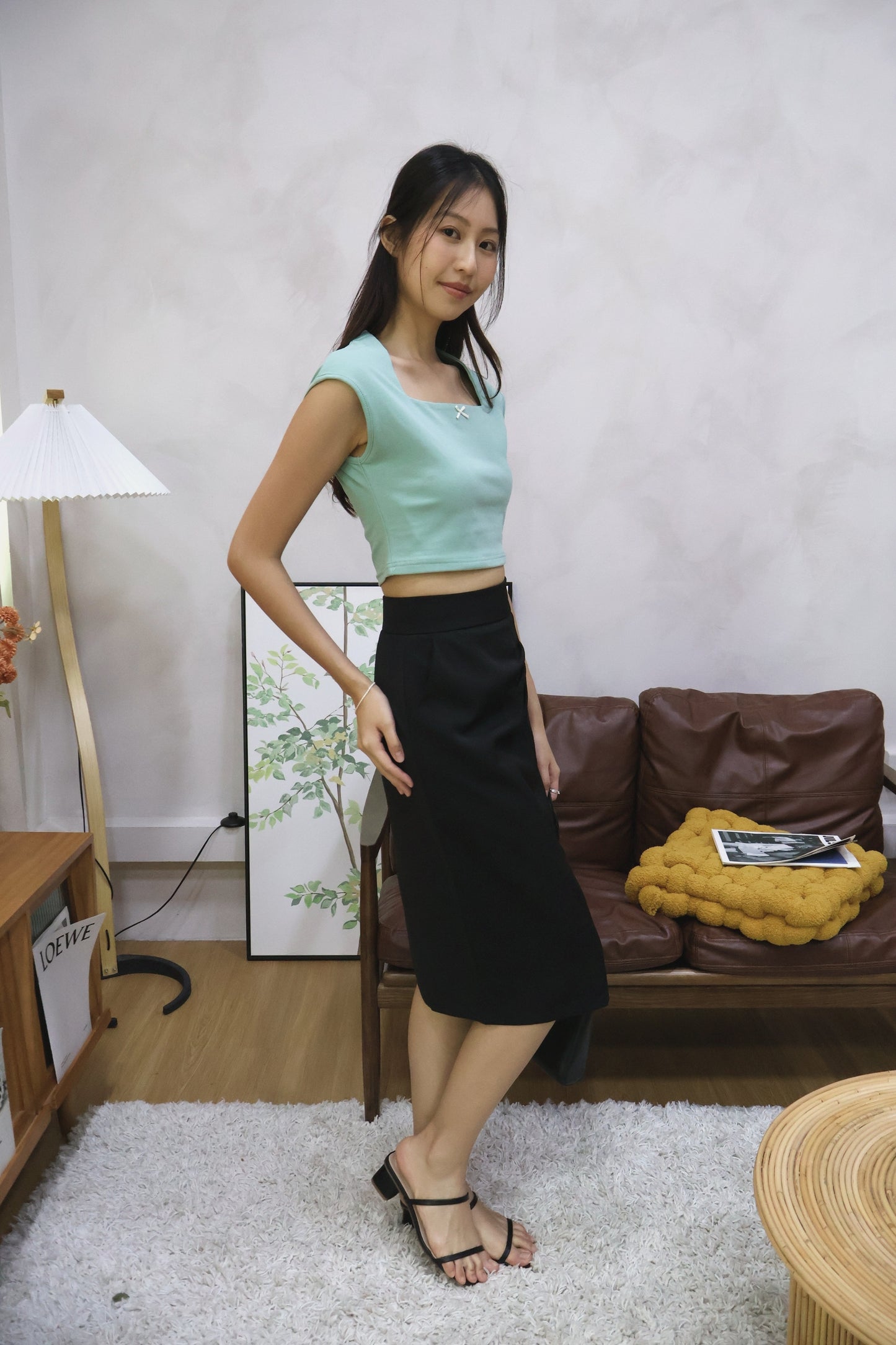 Flyne Ribbon Square Neck Top In Green
