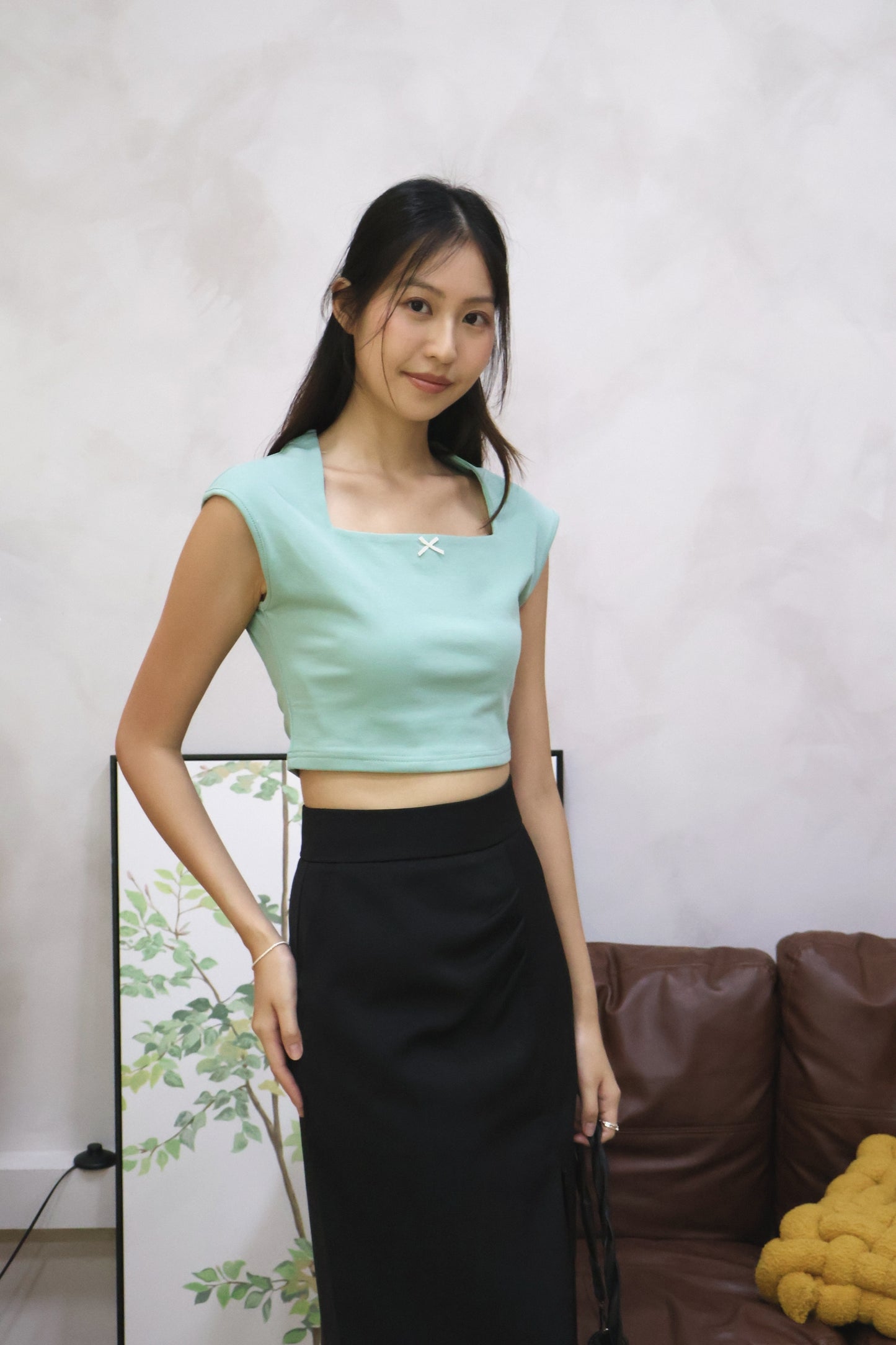 Flyne Ribbon Square Neck Top In Green
