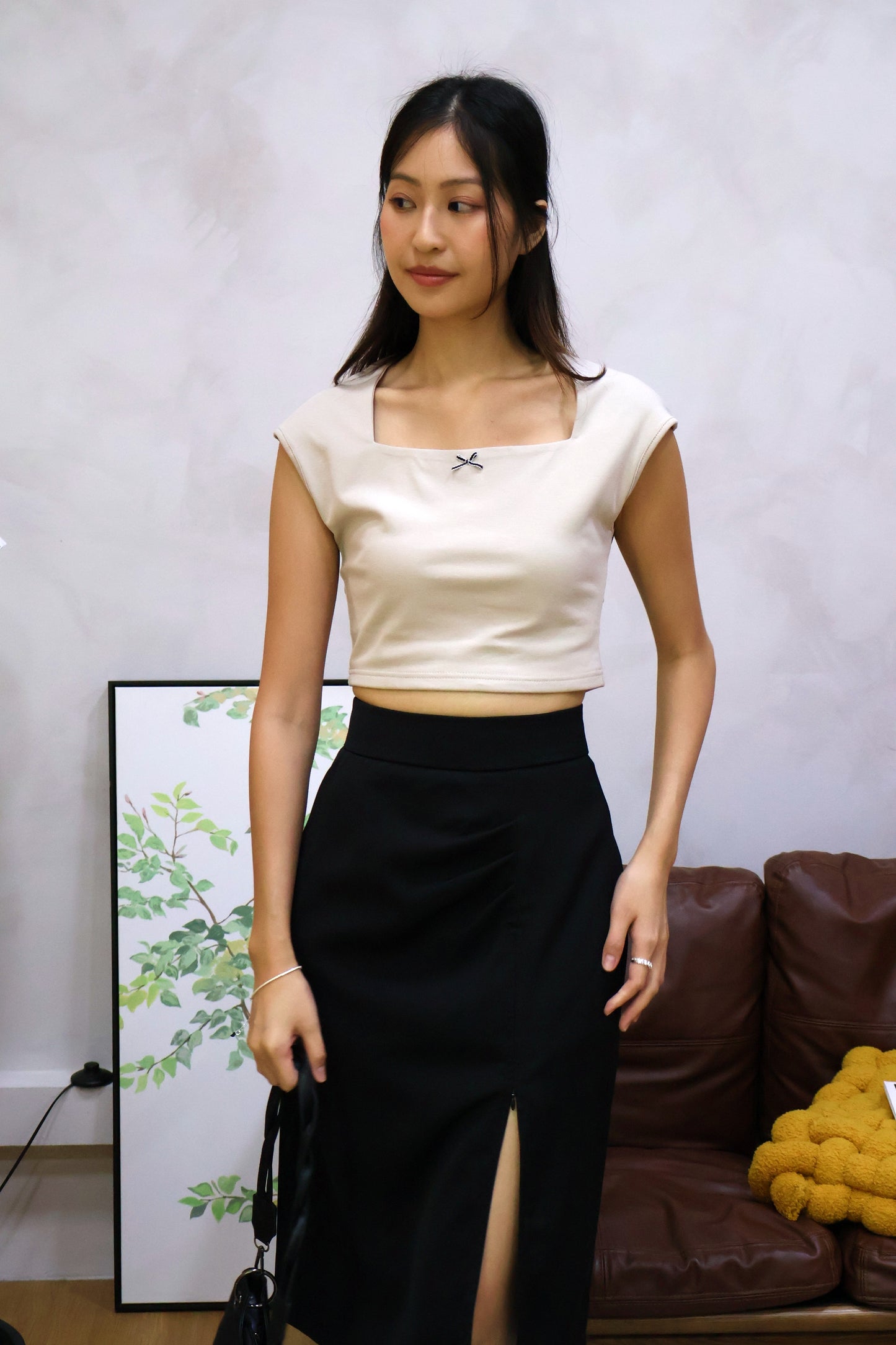 Flyne Ribbon Square Neck Top In Taupe