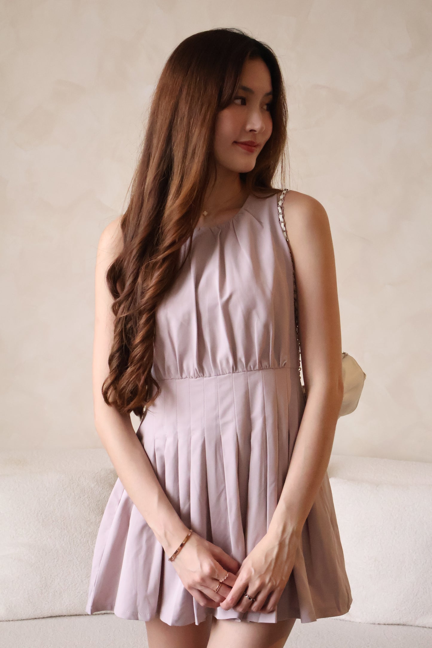 Suzy Pleated Romper Dress In Lilac