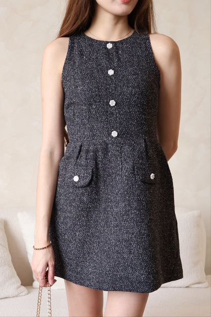 *Premium* Maya Pearl Rhinestone Buttons Tweed Dress In Black