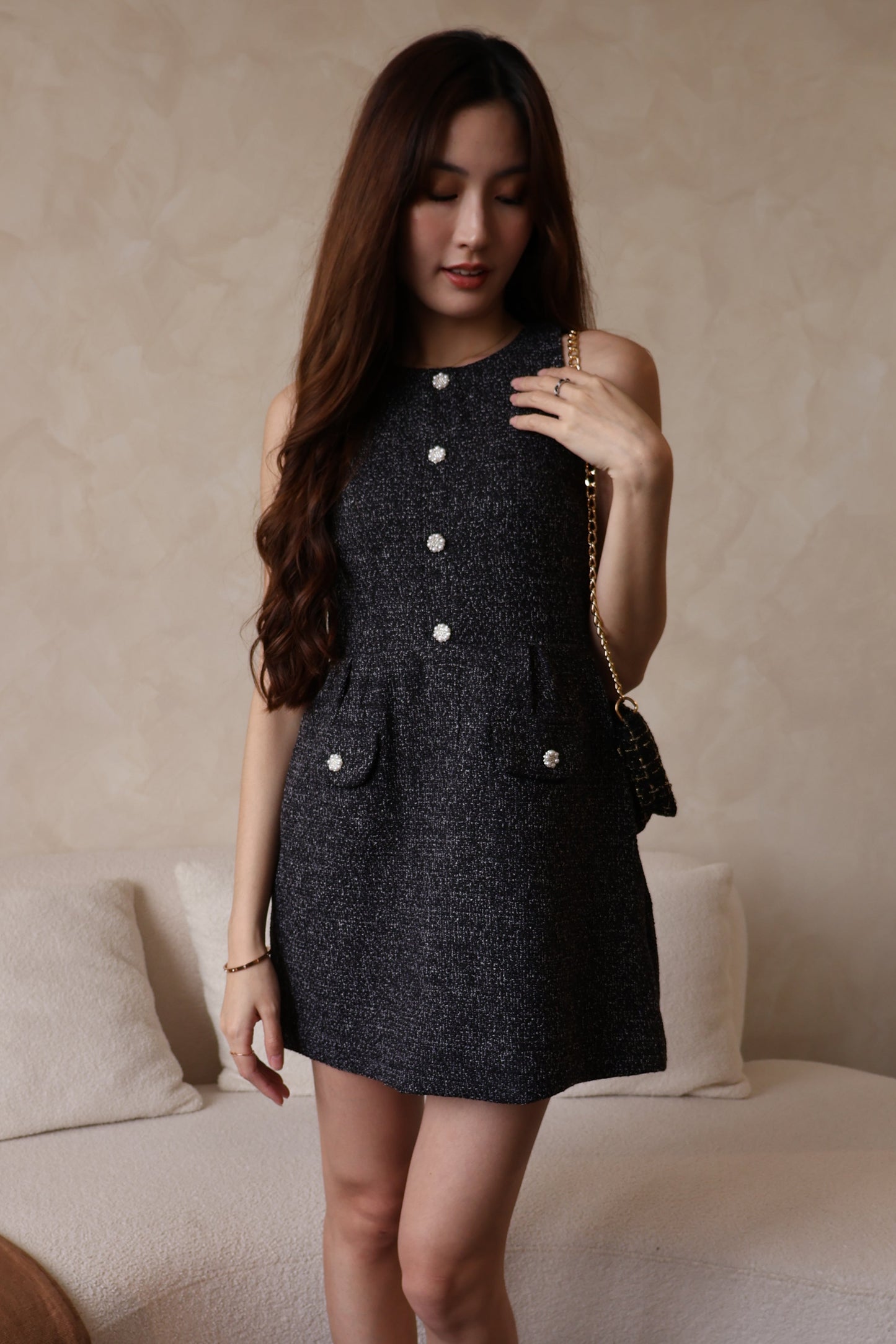 *Premium* Maya Pearl Rhinestone Buttons Tweed Dress In Black