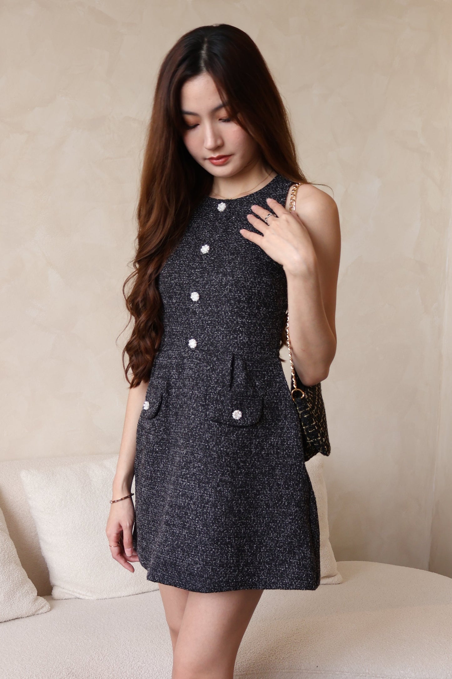 *Premium* Maya Pearl Rhinestone Buttons Tweed Dress In Black