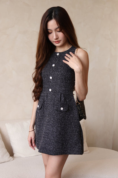 *Premium* Maya Pearl Rhinestone Buttons Tweed Dress In Black
