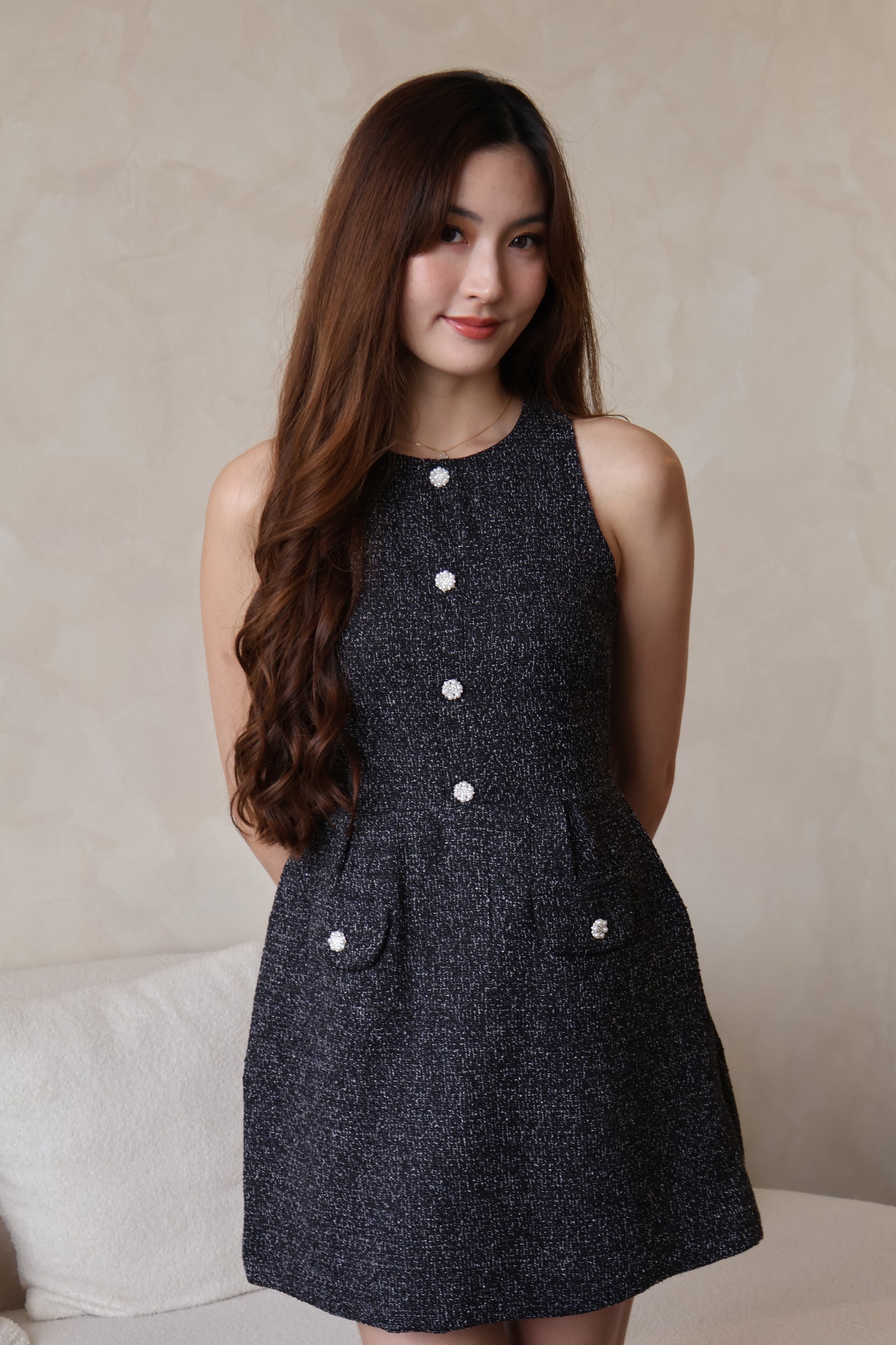 *Premium* Maya Pearl Rhinestone Buttons Tweed Dress In Black