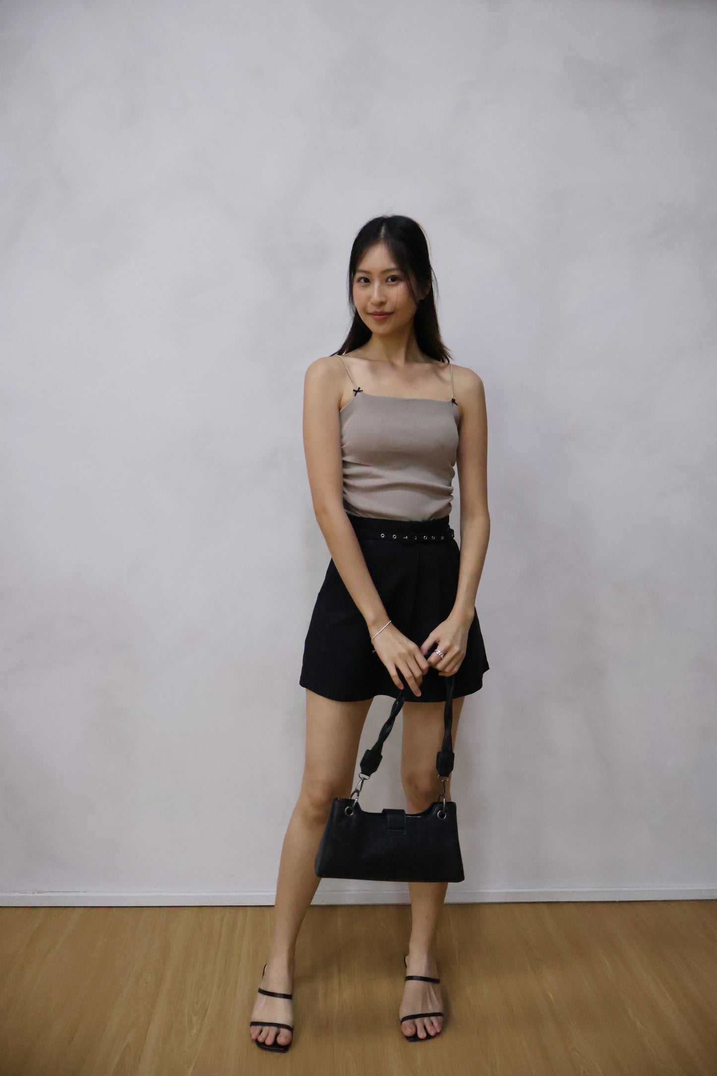 Brea Soft Knit Padded Ribbon Camisole In Taupe