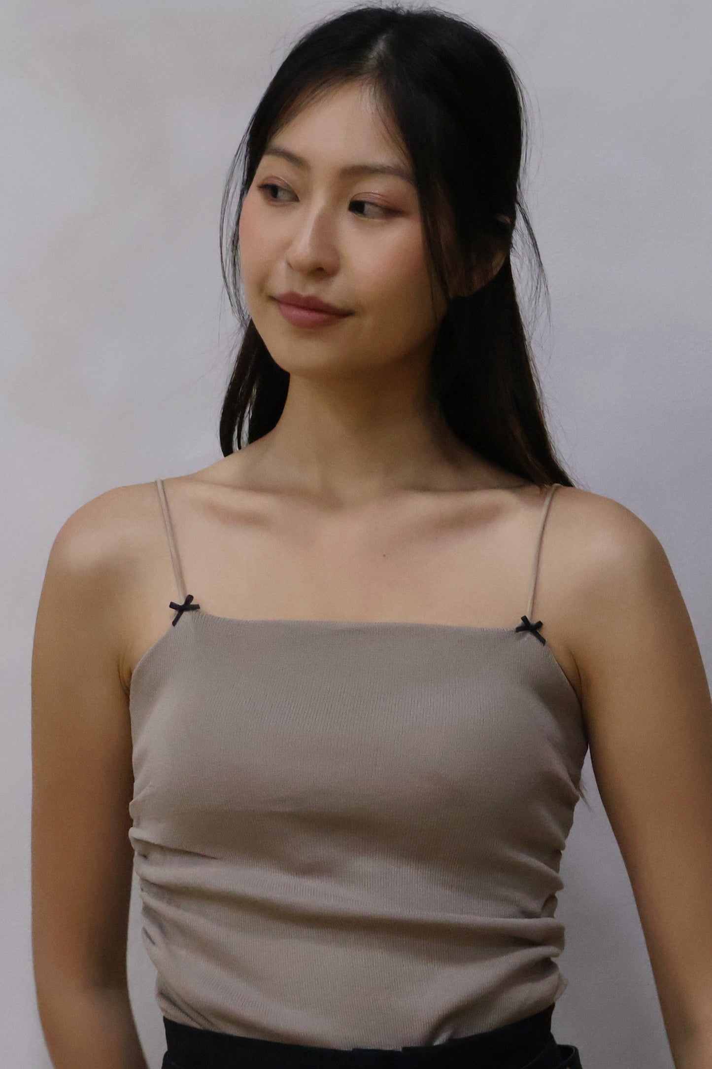 Brea Soft Knit Padded Ribbon Camisole In Taupe