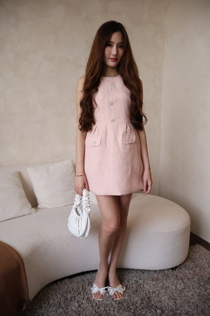 *Premium* Maya Pearl Rhinestone Buttons Tweed Dress In Pink