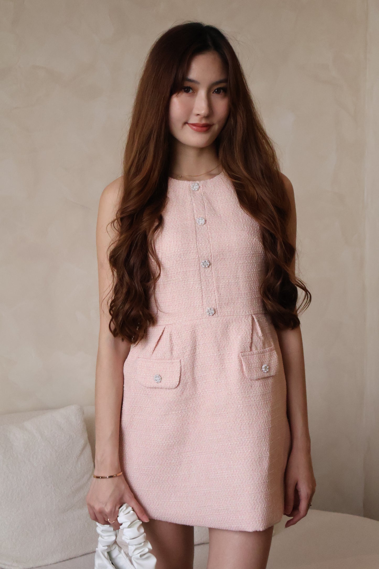 *Premium* Maya Pearl Rhinestone Buttons Tweed Dress In Pink