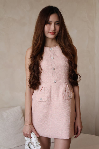 *Premium* Maya Pearl Rhinestone Buttons Tweed Dress In Pink