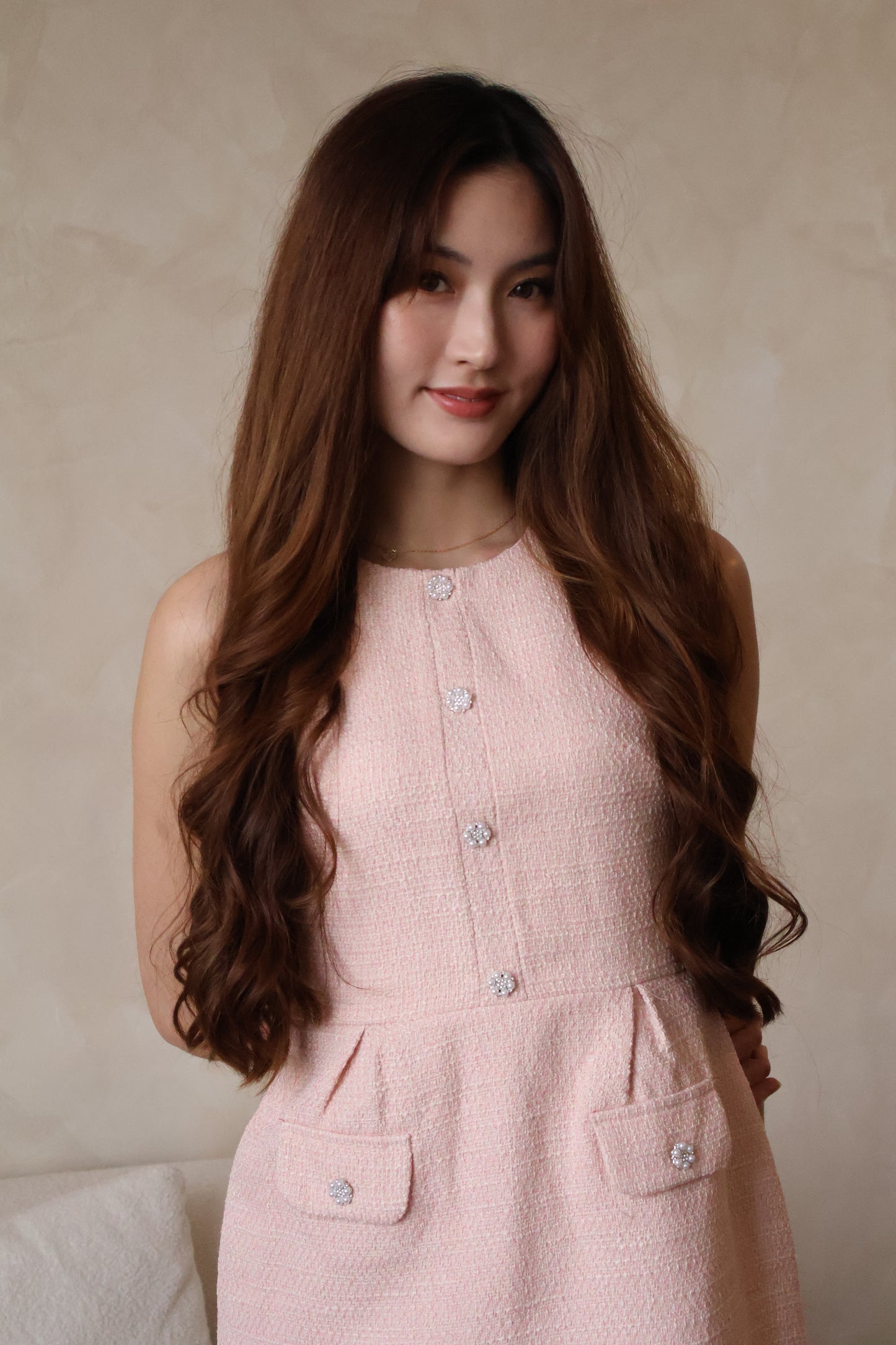 *Premium* Maya Pearl Rhinestone Buttons Tweed Dress In Pink