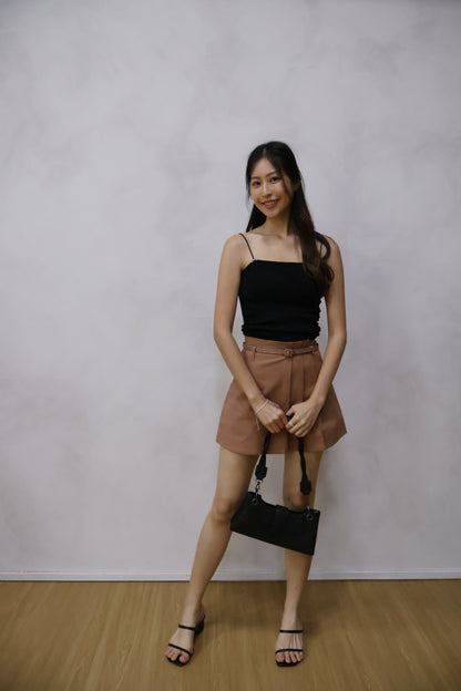 Skylar Pleated Belted Skorts In Brown