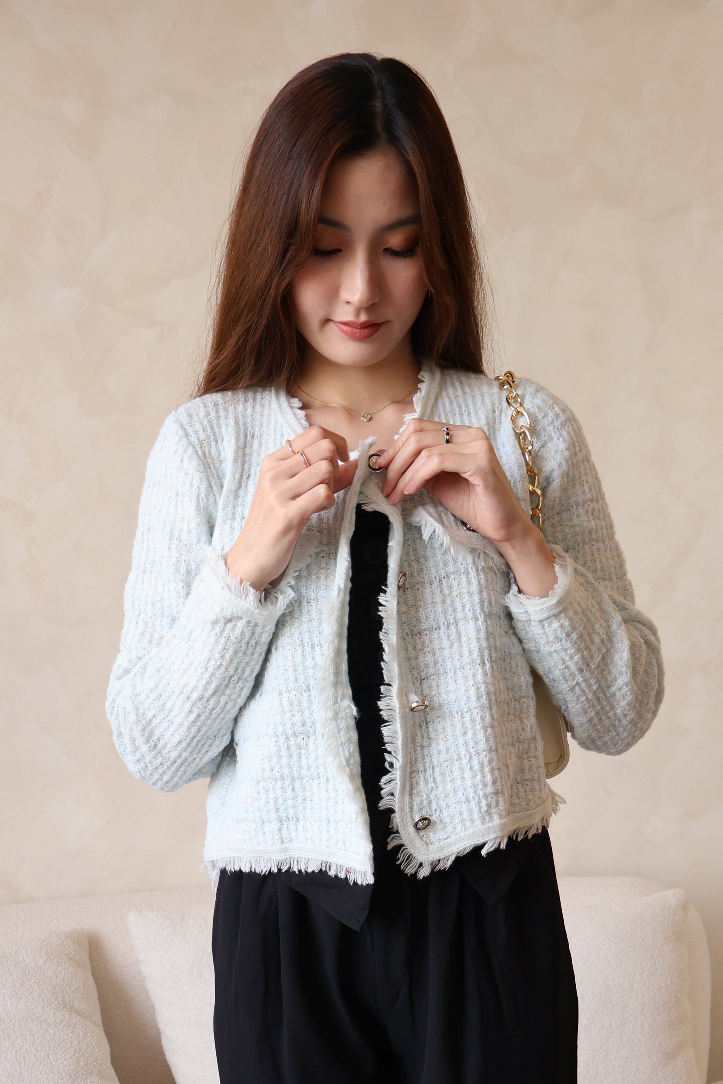 Heather Knitted Button Cardigan In Blue