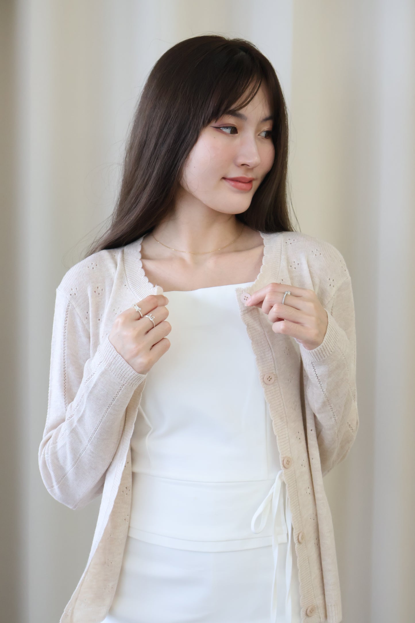 Alice Scallop Trim Knit Cardigan In Oat