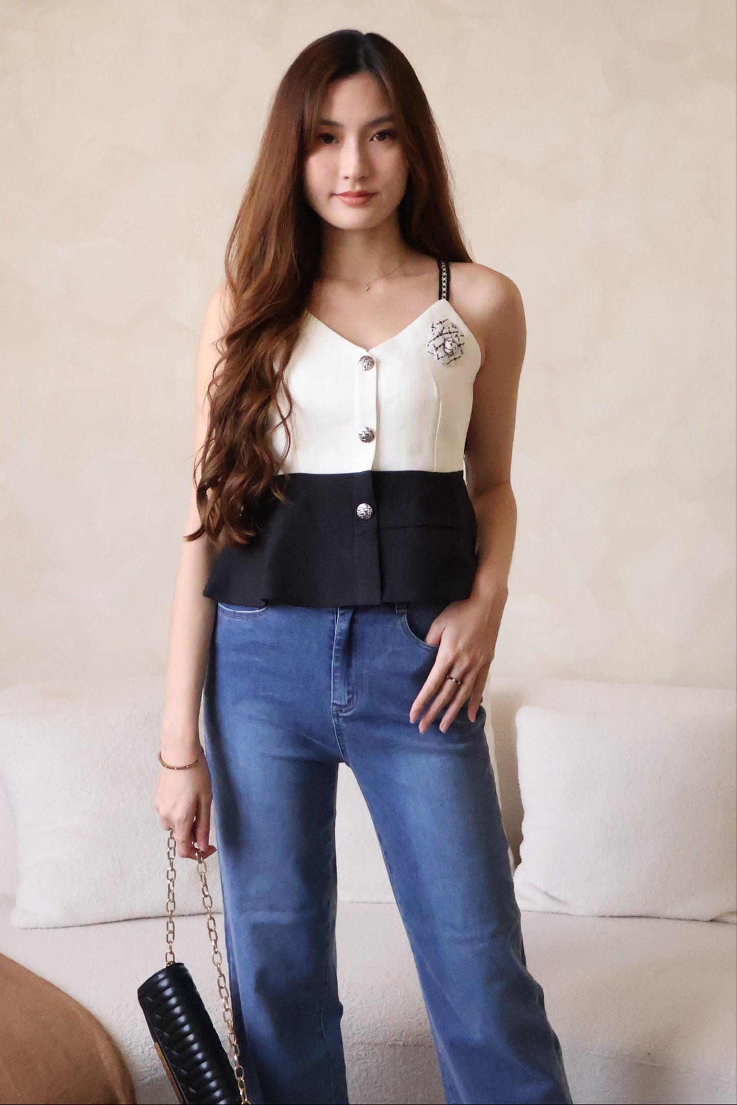 *Premium* Claudia Tweed Peplum Top In Cream (With Detachable Camellia Pin)