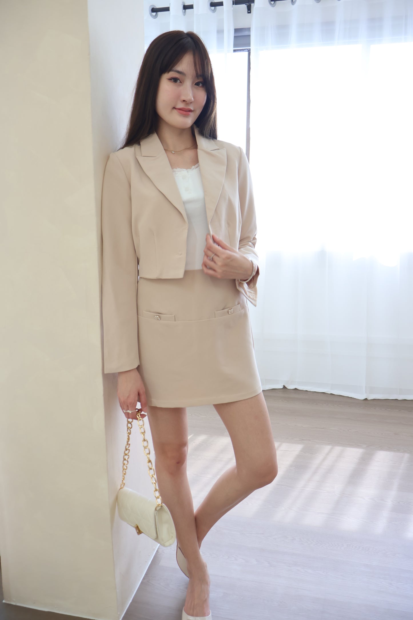 Melissa Bejeweled Button Blazer Co-Ords Set In Beige