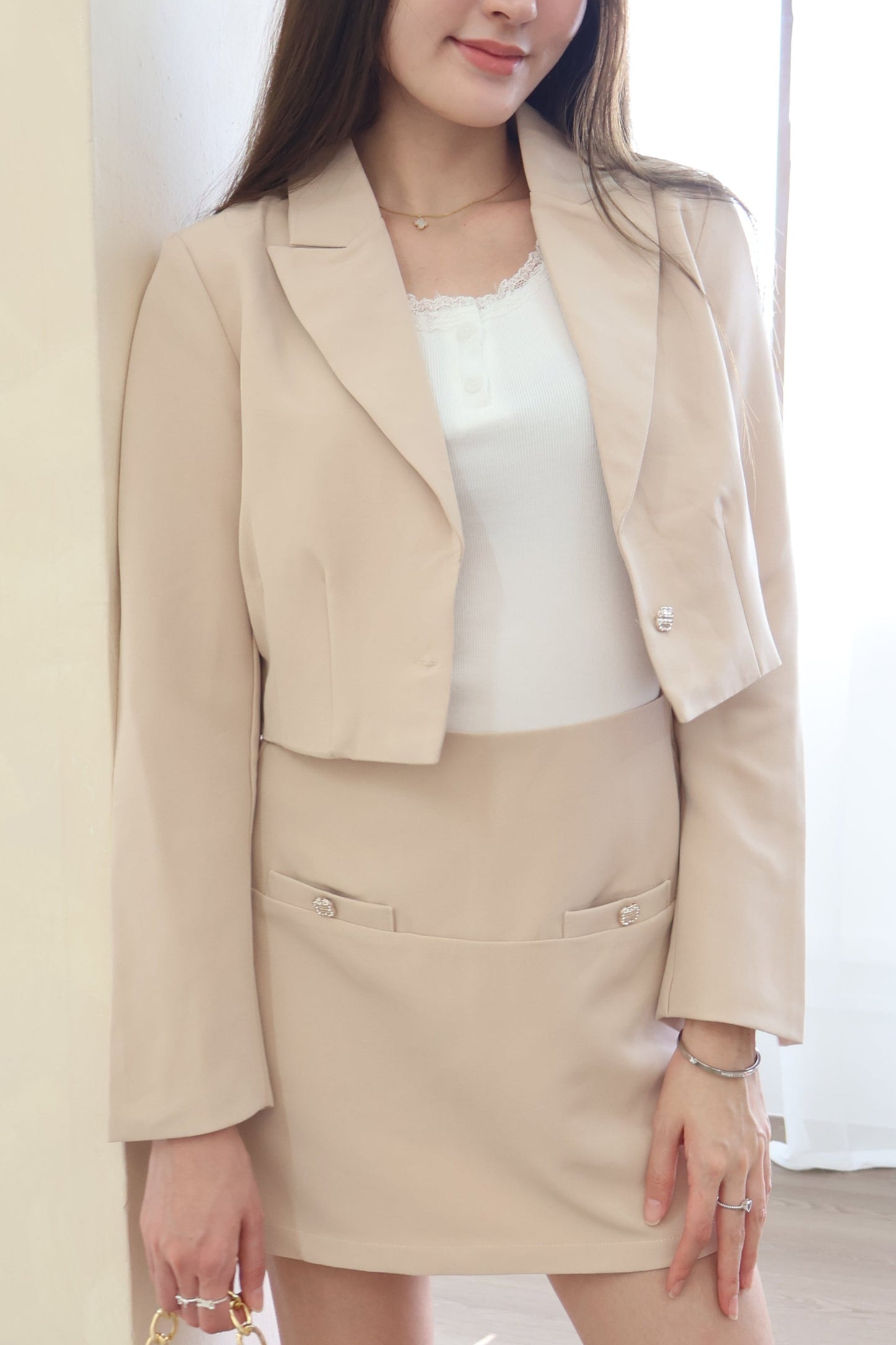 Melissa Bejeweled Button Blazer Co-Ords Set In Beige