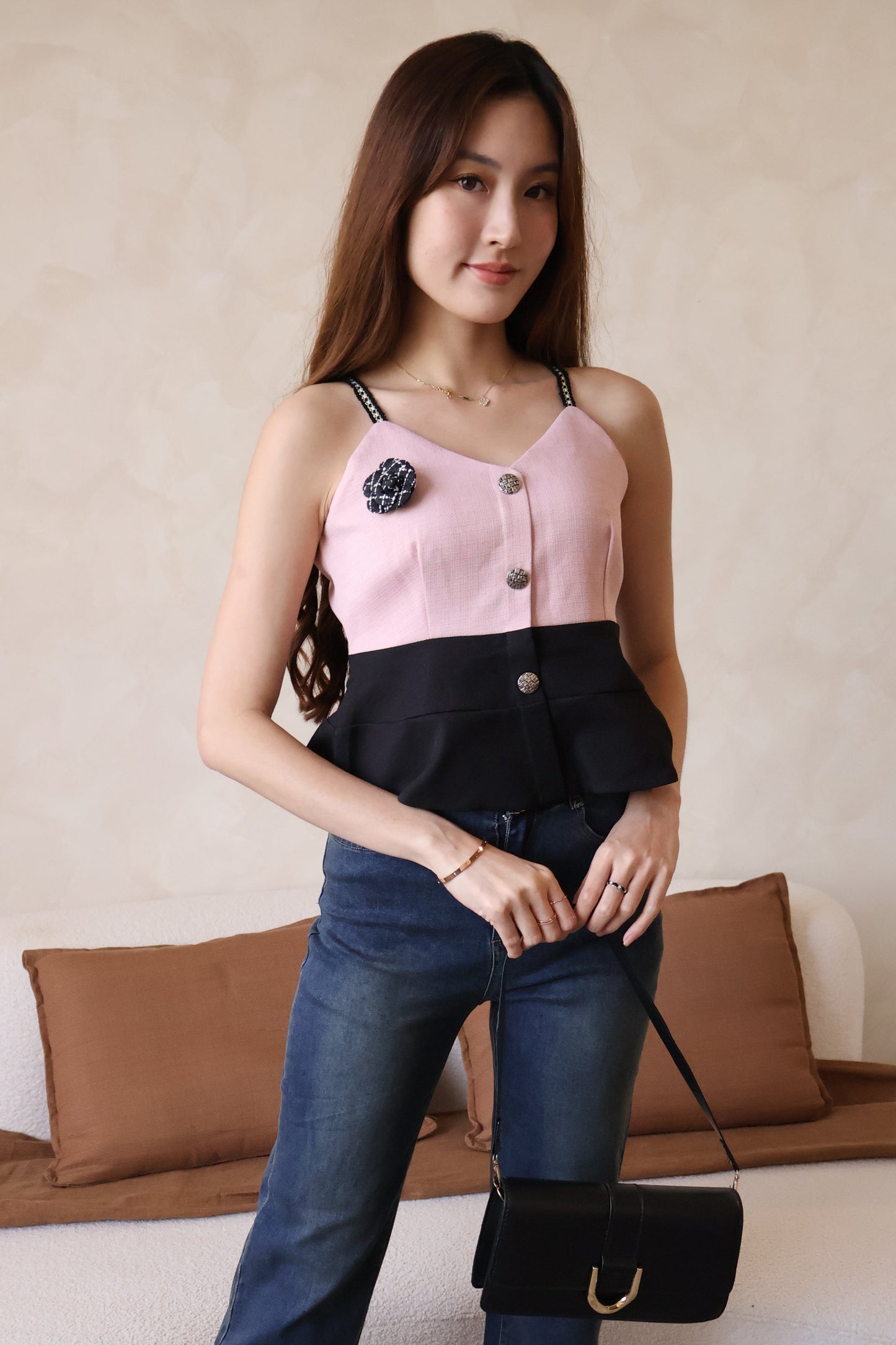 *Premium* Claudia Tweed Peplum Top In Pink (With Detachable Camellia Pin)
