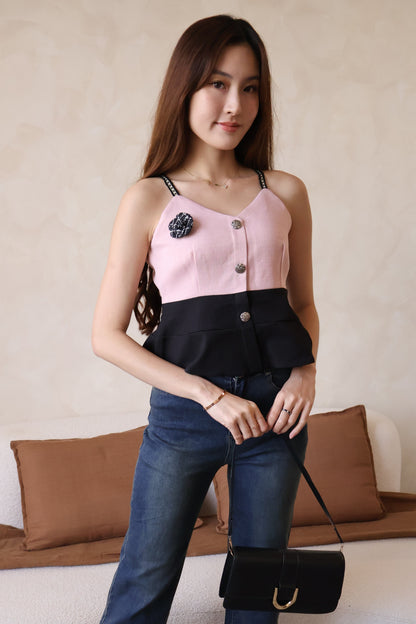 *Premium* Claudia Tweed Peplum Top In Pink (With Detachable Camellia Pin)
