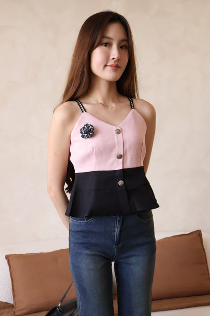 *Premium* Claudia Tweed Peplum Top In Pink (With Detachable Camellia Pin)