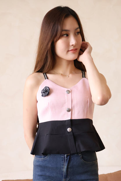 *Premium* Claudia Tweed Peplum Top In Pink (With Detachable Camellia Pin)