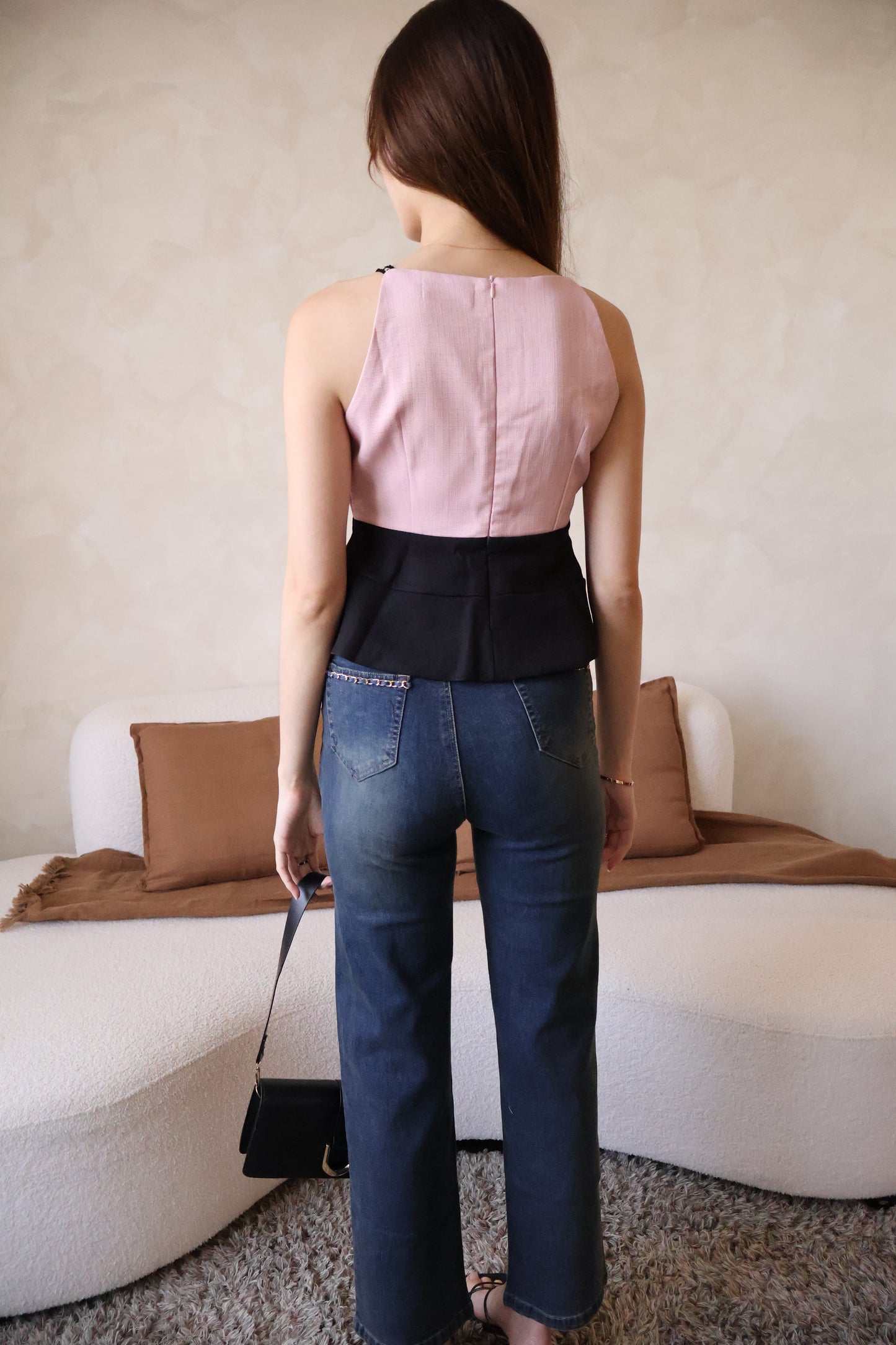 *Premium* Claudia Tweed Peplum Top In Pink (With Detachable Camellia Pin)