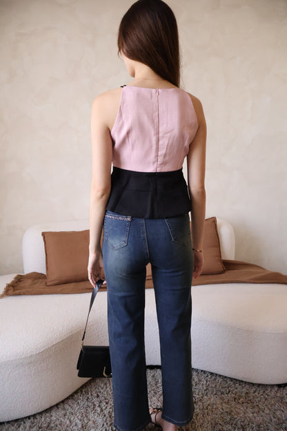 *Premium* Claudia Tweed Peplum Top In Pink (With Detachable Camellia Pin)