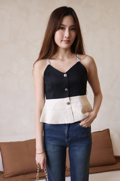 *Premium* Claudia Tweed Peplum Top In Black (With Detachable Camellia Pin)