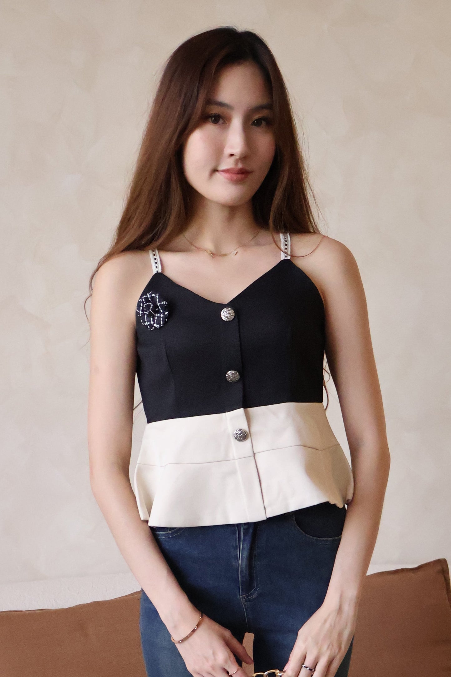 *Premium* Claudia Tweed Peplum Top In Black (With Detachable Camellia Pin)