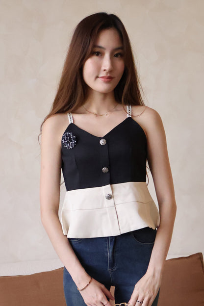 *Premium* Claudia Tweed Peplum Top In Black (With Detachable Camellia Pin)