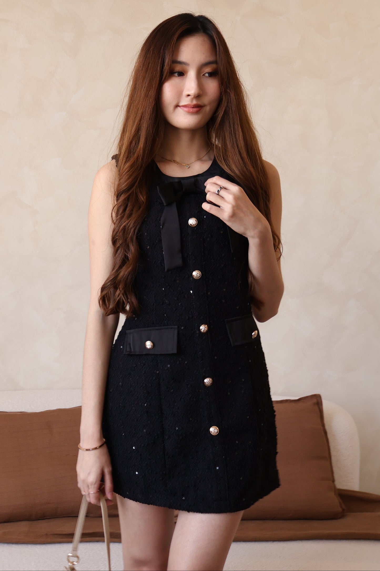 Yuna Tweed Button Ribbon Dress In Black