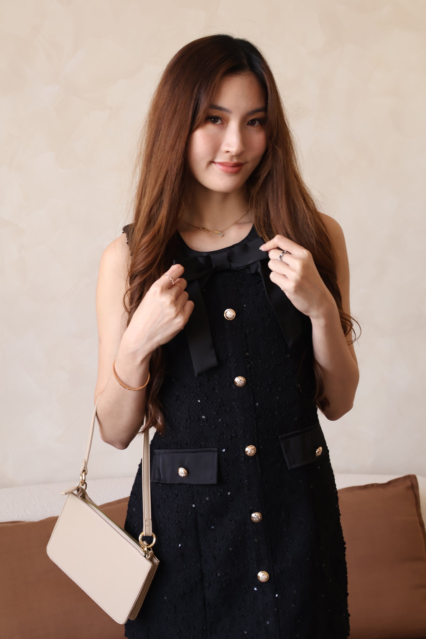Yuna Tweed Button Ribbon Dress In Black