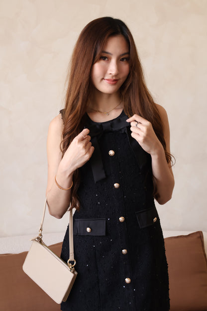 Yuna Tweed Button Ribbon Dress In Black