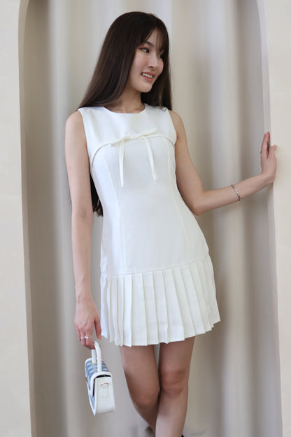 Serene Ribbon Pleat Dress in Off White