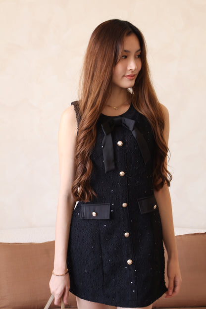 Yuna Tweed Button Ribbon Dress In Black