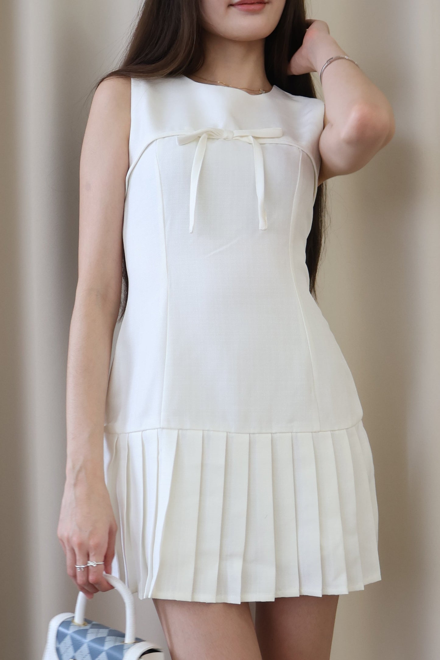Serene Ribbon Pleat Dress in Off White