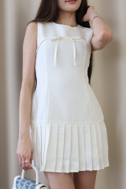 Serene Ribbon Pleat Dress in Off White