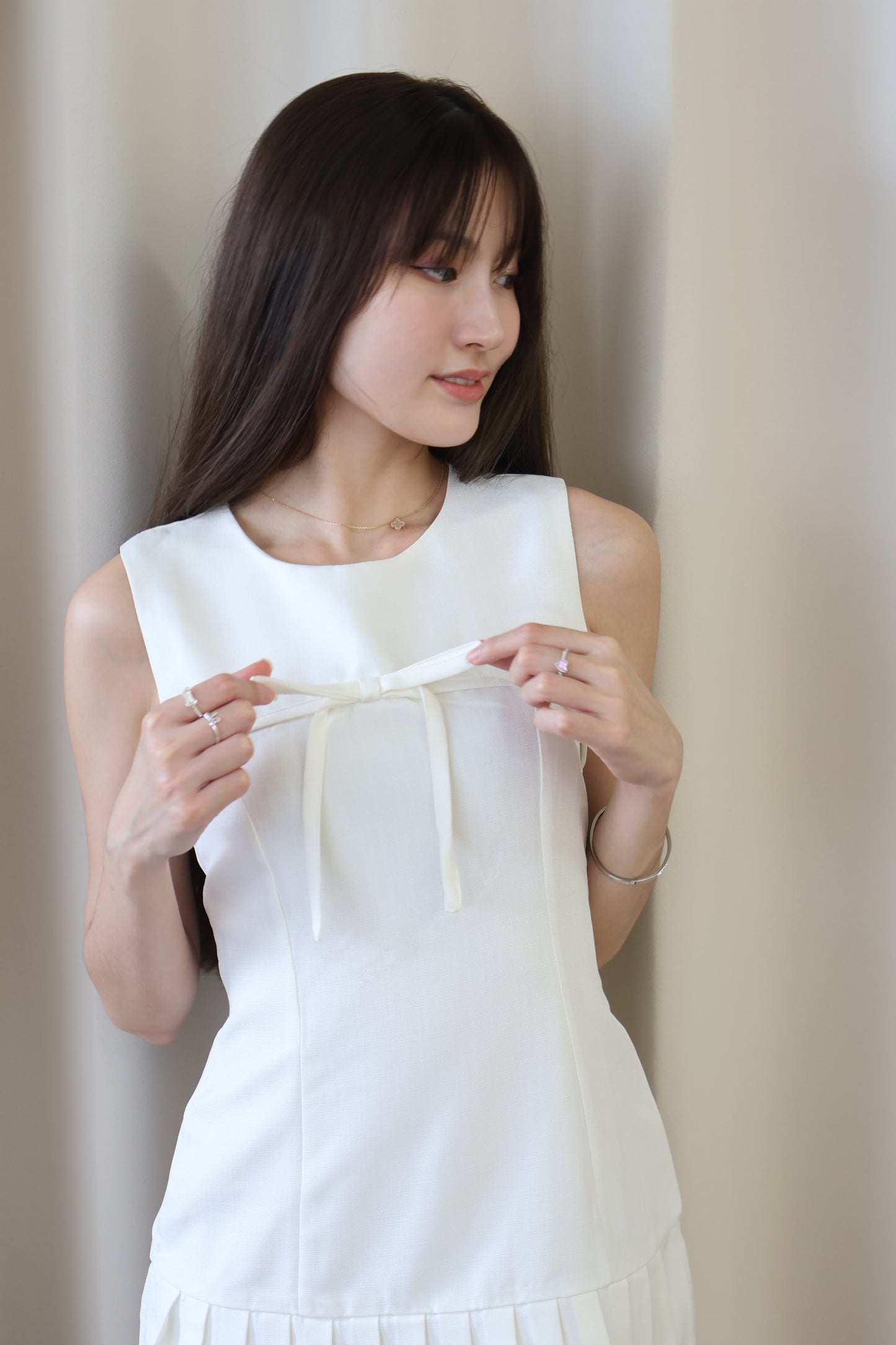Serene Ribbon Pleat Dress in Off White
