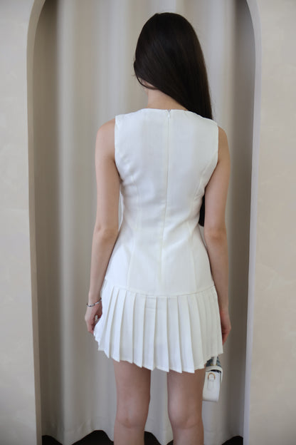 Serene Ribbon Pleat Dress in Off White