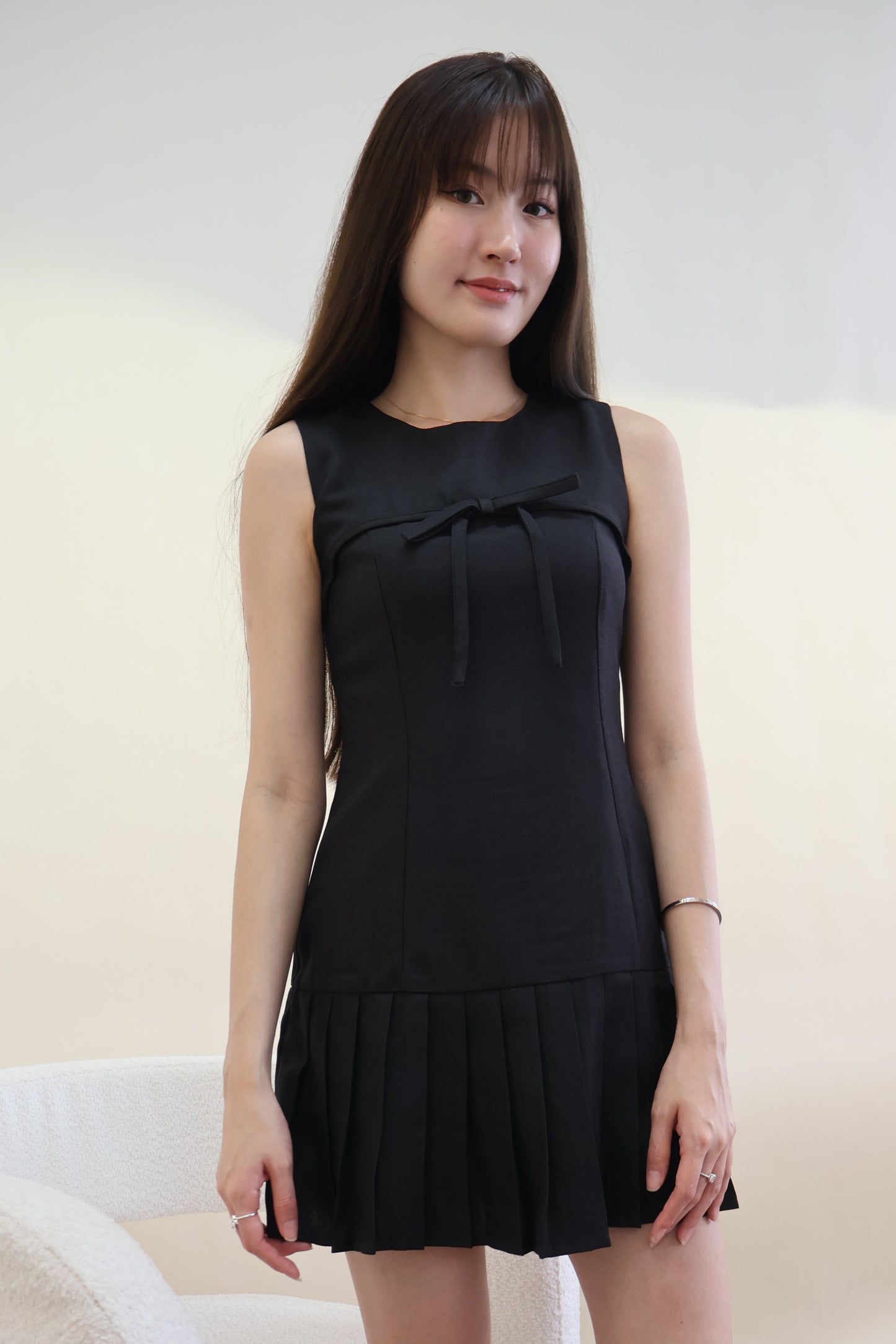 Serene Ribbon Pleat Dress in Black