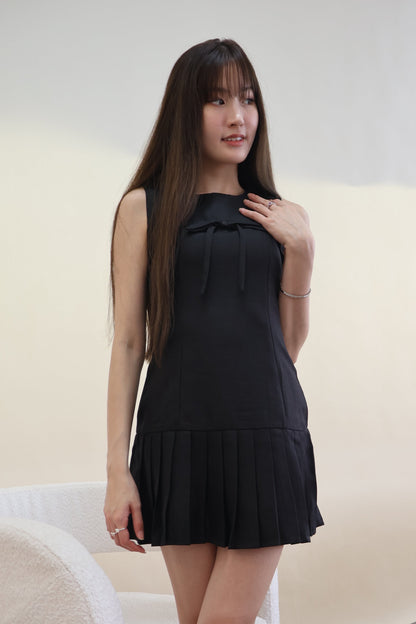 Serene Ribbon Pleat Dress in Black