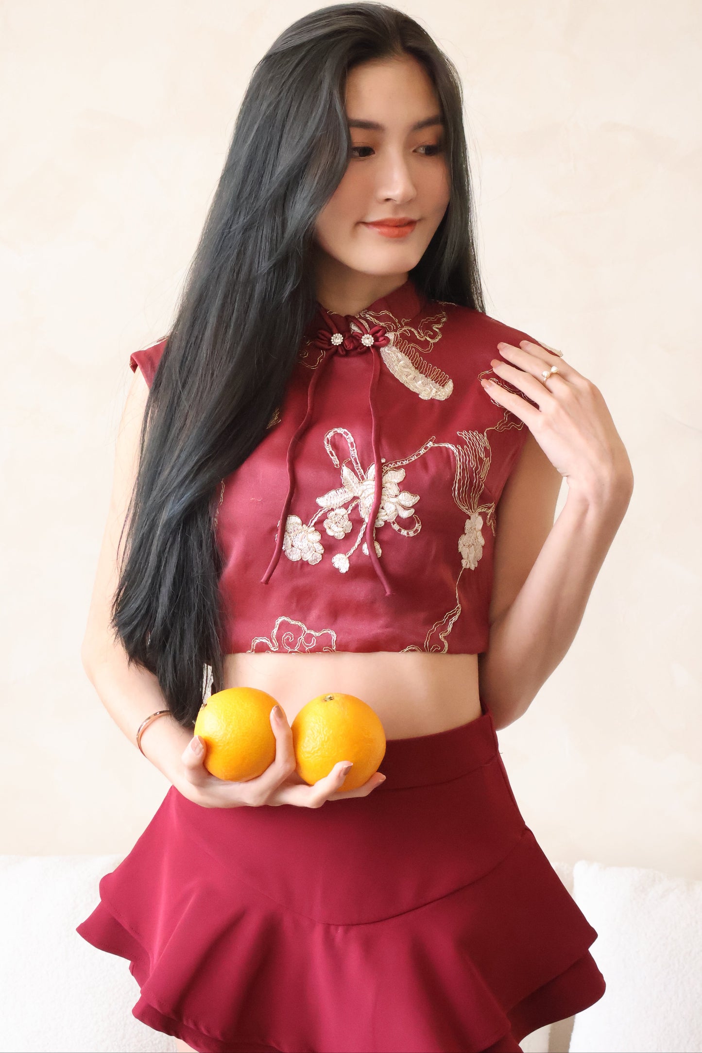 *CNY* *Premium* Xi Le Oriental Co-Ords Set In Maroon